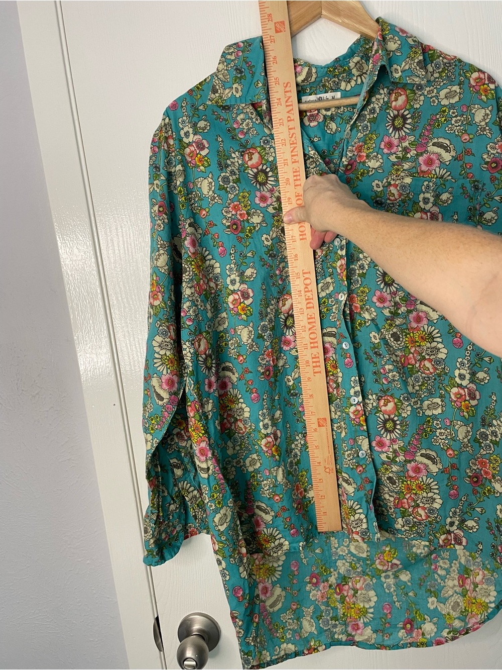 Natural Life Medium Teal Floral Cotton Button Down Tunic Shirt Boho - Picture 3 of 10
